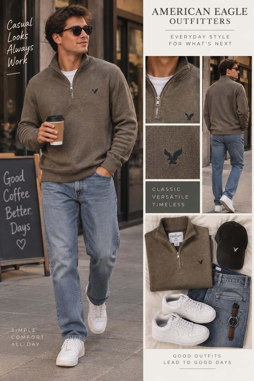 American Eagle Outfitters Men's Brown Cotton 1/4 Quarter Zip Mock Neck Pullover